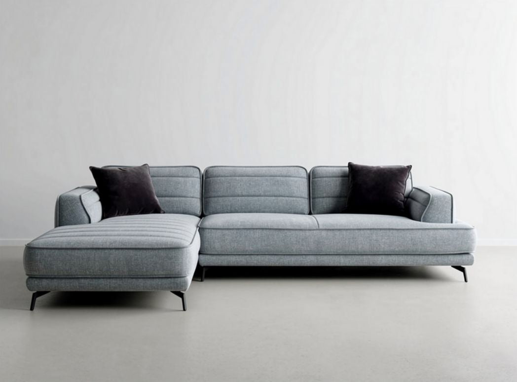 Sectional sofa in gray fabric with plush pillows 230 x 90 x 80cm