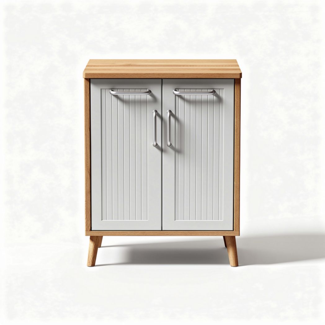 Wooden cabinet with two doors for storage in light gray and natural finish dimensions 60 x 40 x 80cm