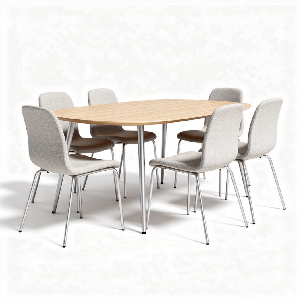 Oval dining table set with six upholstered chairs in light grey fabric