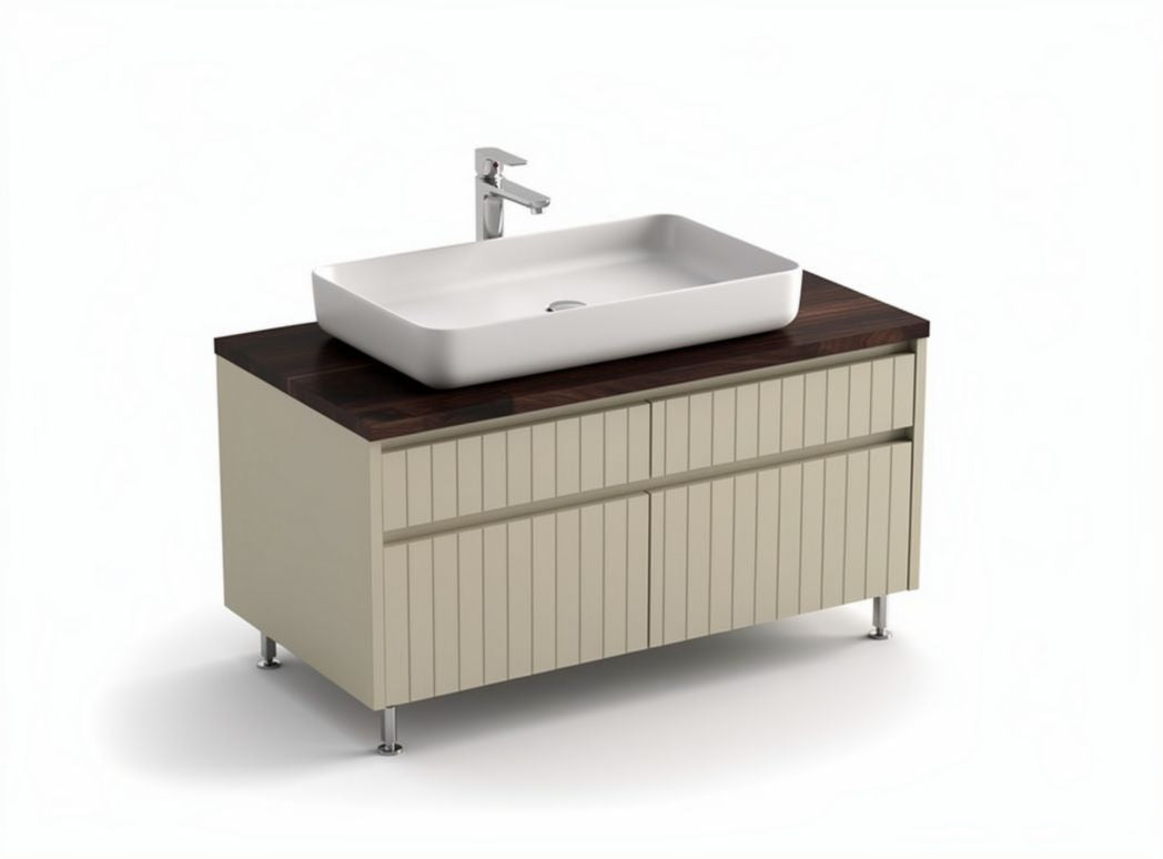 Freestanding bathroom vanity with white ceramic sink and walnut finish 70 x 45 x 80cm