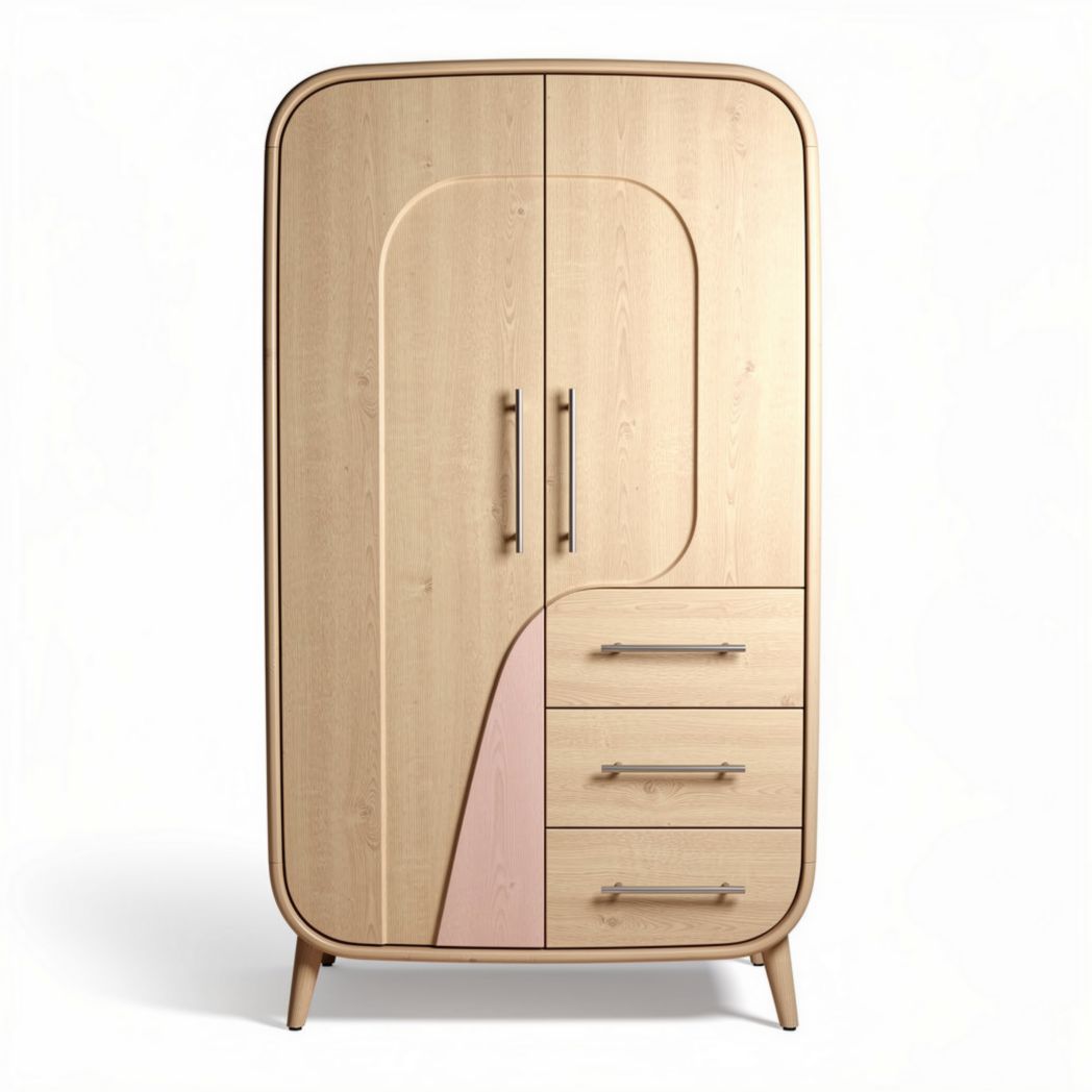 Wooden wardrobe with pink accent design and three drawers 90 x 60 x 200cm