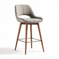 Upholstered counter height stool with wooden legs in light gray fabric