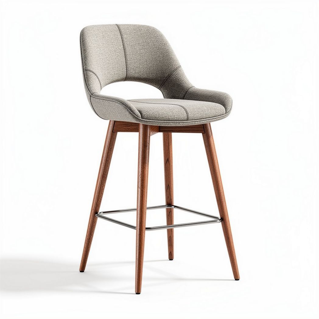 Upholstered counter height stool with wooden legs in light gray fabric