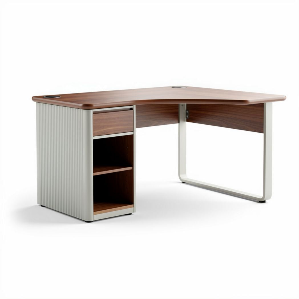 L-shaped wooden desk with storage shelves and metal frame 150 x 75 x 75cm