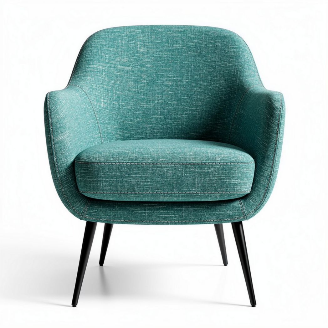 Mid-century modern accent chair in teal fabric with black metal legs 80 x 75 x 85cm