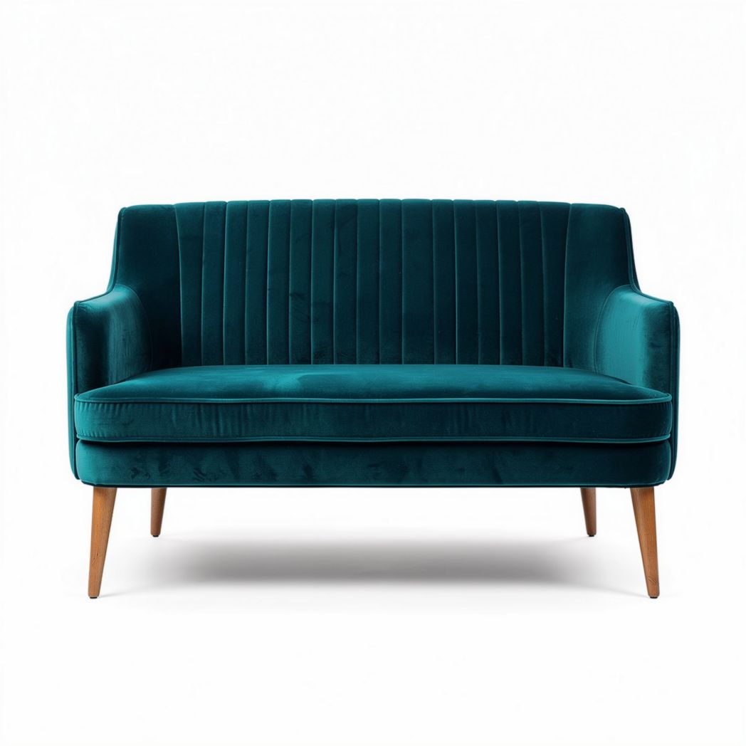 Velvet two-seater sofa in teal with wooden legs measuring 150 x 75 x 80cm