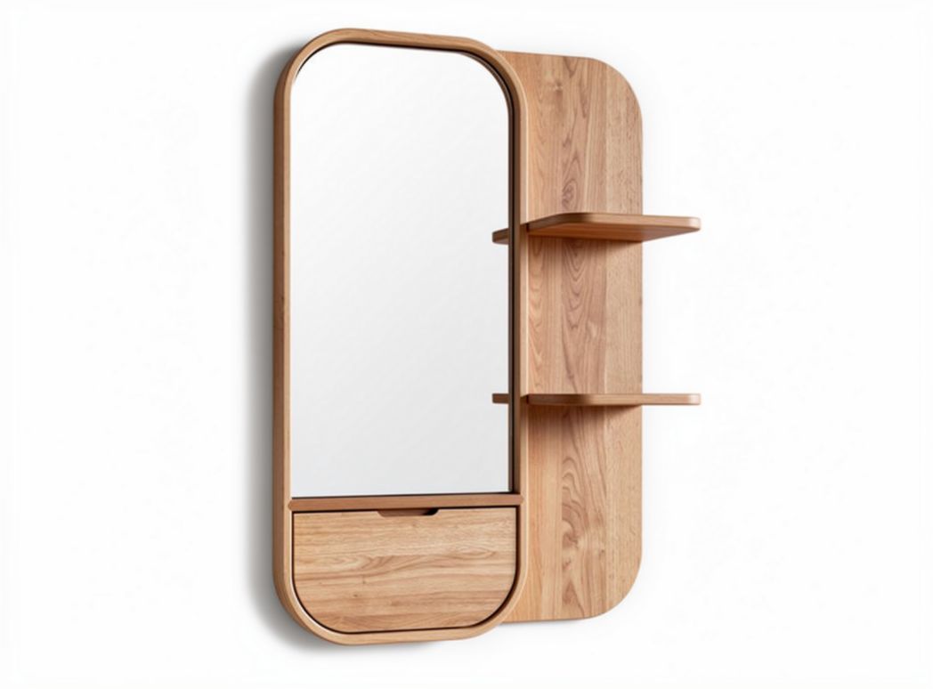 Wooden wall-mounted mirror with shelves and drawer 90 x 45 x 12cm